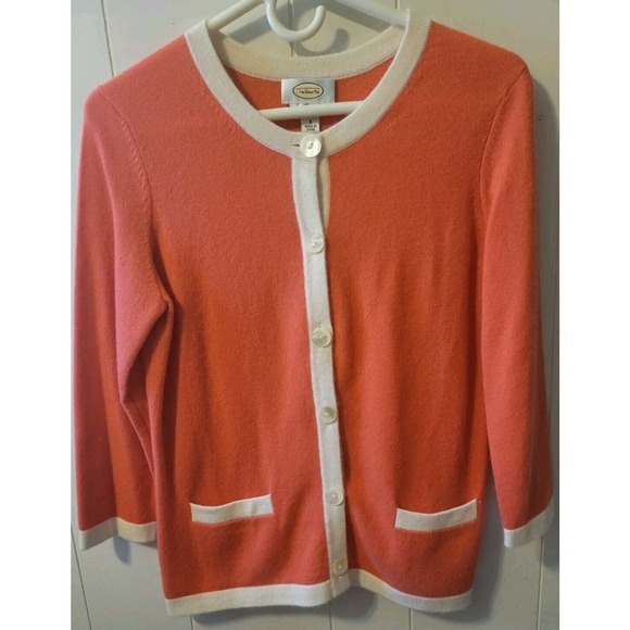 Talbots 100% Cashmere Cardigan Sweater Button Front Orange Ivory 3/4 Sleeves S - Picture 1 of 7